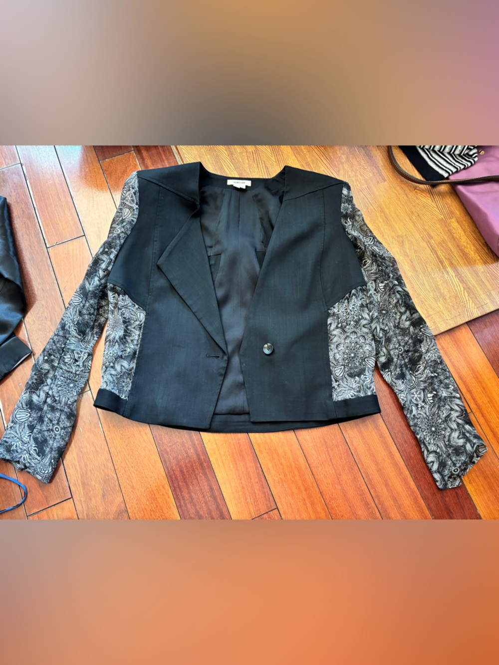 Helmut Lang Black Blazer with Black & White Patterned Sleeves